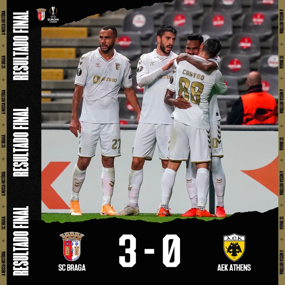 SC Braga vence AEK, 2.196 adeptos nas bancadas e Paulinho volta aos golos